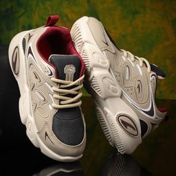 asian Mesh Detailed & Colour Blocked With Lace Up Sneakers - White & Beige-image-46