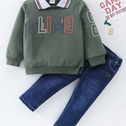 Mark & Mia Cotton Knit Full Sleeves Sweatshirt & Jeans Set With Text Print - Green & Blue-picture-33