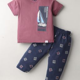 Teddy Sinker Half Sleeves Night Suit With Nautical Theme Print - Navy Blue & Purple-image-58