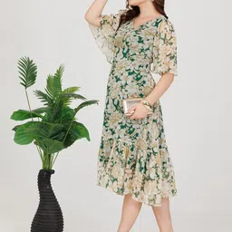 Mustard Women Floral Print Chiffon Empire Midi Dress-image-66