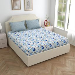 Salona Bichona Blue & White Floral 180 TC King Bedsheet with 2 Pillow Covers-image-80