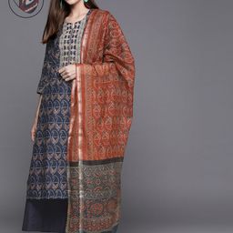 Biba Women Navy Blue Paisley Printed Regular Pure Cotton Kurta with Palazzos & With Dupatta-picture-12