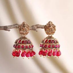 Priyaasi Ruby Stoned Temple Jhumki Earrings-2