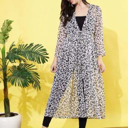 Anvi Be Yourself Women'S White Animal Printed Gathered Longline Semi Sheer Tie-Up Chiffon Shrug-21