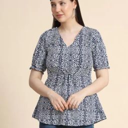 KERI PERRY White & Navy Printed Top-47