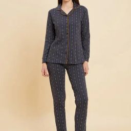 Sweet Dreams Charcoal Grey Cotton Printed Shirt Pyjama Set-image-12