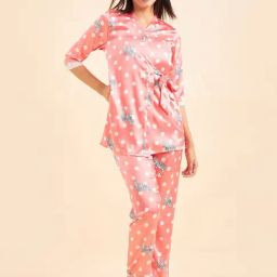 Sweet Dreams Peach Polka Dots Top Pyjama Set With Jacket-picture-18