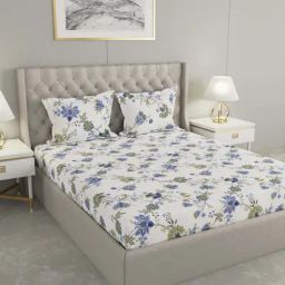 Raymond Home Vision White & Blue 144 TC Cotton King Bedsheet with 2 Pillow Covers-image-4
