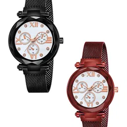 Gopal Shopcart Unisex Pack of 2 Analogue Watch Mina White Dial Black Red Maganet-13