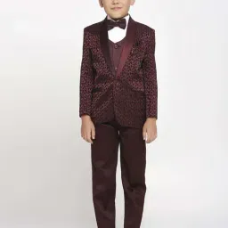 Kids Island Boys Maroon & White Jacquard Full Sleeves Suit Set-image-31