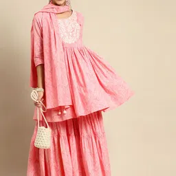 Anouk Women Pink & White Ethnic Print Pleated Cotton Anarkali Kurta Sharara Dupatta-picture-38