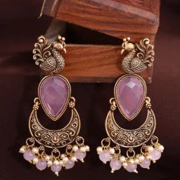 Priyaasi Pink Peacock Design Moon shape Dangler Earrings-image-52