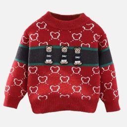 Little Surprise Box Teddy Red & Navy Printed Full Sleeves Sweater-image-1