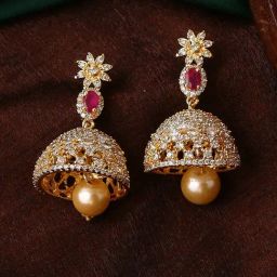 Estele Gold-Plated CZ Design Jaliwala Pearl & Crystals Jhumki Earrings-35