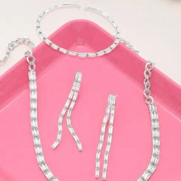 Zaveri Pearls Silver Tone Baguette Cubic Zirconia 2 Strands Necklace Earring Bracelet Set-ZPFK12578-image-71