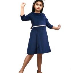 KidsDew Kids Navy Solid Dress with Belt-image-6