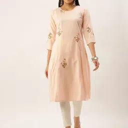 SHOWOFF Peach Cotton Embroidered Calf Length Straight Kurta-image-68