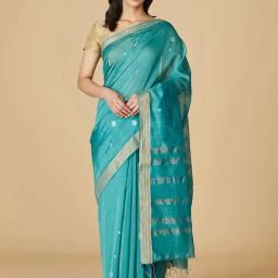 Fabindia Blue Woven Saree Without Blouse-picture-37