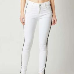 Miss Chase White Printed Twill Tape Detailing Bleached Regular Length Stretchable Denim Jeans-image-58