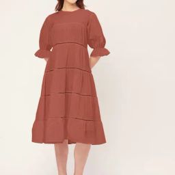Moomaya Peach Cotton Relaxed Fit Midi Dress-image-67