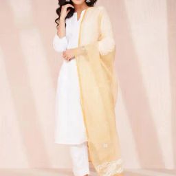 Fabindia Yellow Cotton Silk Chikankari Dupatta-image-1