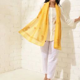 Fabindia Mustard Cotton Silk Chikankari Stole-image-68