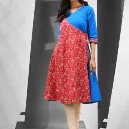 CHARUKRITI Blue & Red Cotton Printed Angrakha Kurta-18