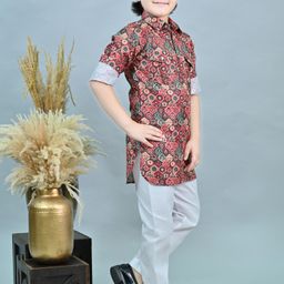 ahhaaaa Boys Floral Printed Regular Thread Work Kurta with Pyjamas image 4