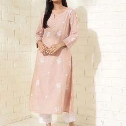 Fabindia Pink Cotton Embroidered A Line Kurta-image-10