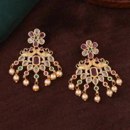 Estele Gold-Plated CZ Flower Design Pearls Dangler Earrings-31