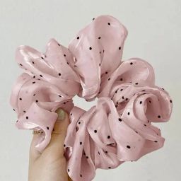 OOMPH Pink Shimmer Organza Polka Dots Big Large Scrunchy Rubber Band Hair Tie Ponytail Holder-image-56