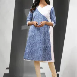 CHARUKRITI Blue & White Cotton Printed Angrakha Kurta-picture-16