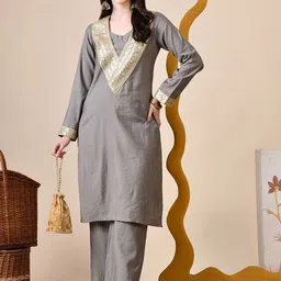 Sangria Embroidered V-Neck Straight Kurta With Trouser-image-56