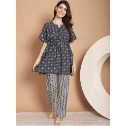 Kanvin Navy Blue Geometric Printed Pure Cotton Night Suit (Set of 2)-picture-15
