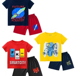 FRENCH KLEIDER Boys Pack Of 3 Printed Round Neck Pure Cotton T-shirt With Shorts-image-70