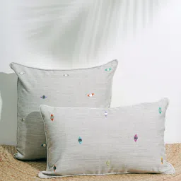 India Circus by Krsnaa Mehta Off White & Blue Geometric Cotton Square Cushion Cover-image-91