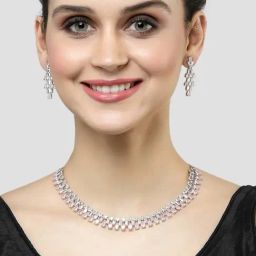 Karatcart Silver Tone Pink Cubic Zirconia Studded Necklace Set-image-57