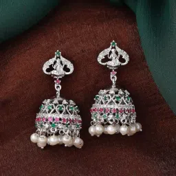Estele Rhodium-Plated CZ Divine Lakshmi Devi Design Pearls Jhumki Earrings-image-57