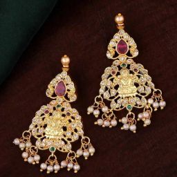 Estele Gold-Plated CZ Devotional Lakshmi Devi Design Pearls Dangler Earrings-21
