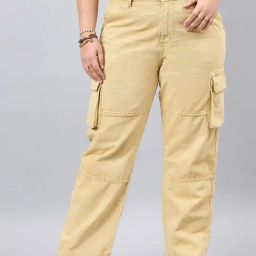 Style Quotient Khaki Cotton Regular Fit High Rise Cargo Jeans-image-55