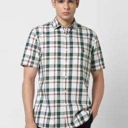 Van Heusen White & Green Cotton Slim Fit Checks Shirt-image-105