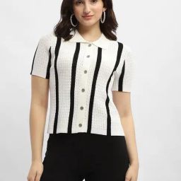 MADAME Off White & Black Self Design Shirt-image-36