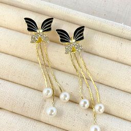 COOLWOOL Gold-Plated Pearls Beaded Korean Butterfly Shaped Drop Earrings-36