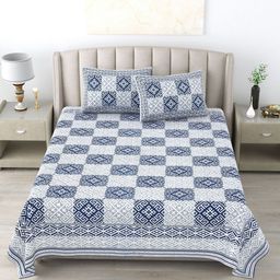 Wayne Martin Off White & Blue Floral 300 TC Pure Cotton King Bedsheet With 2 Pillow Covers-picture-32