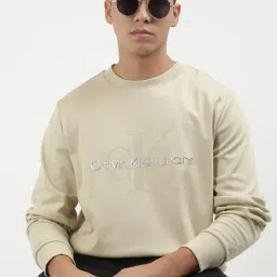 Calvin Klein Pale Khaki Cotton Regular Fit Solid Sweatshirt-image-8
