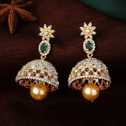 Estele Gold-Plated CZ Design Jaliwala Emerald Crystals Jhumki Earrings-image-26