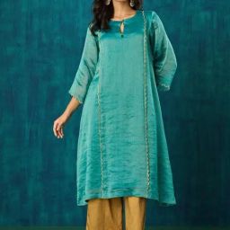 Mushio Teal Damini Zari Stripe Advika Kurta With Scallop Embroidery-picture-12