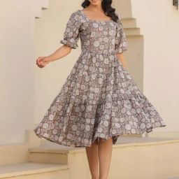 Janasya Grey Print Janasya Women's Grey Pure Cotton Floral Print Flared Dress-picture-34