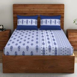 Spaces Abstract Blue 132 TC Cotton Double Bed Sheet with 2 Pillow Covers-image-6
