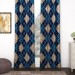 Bedspun Set of 2 Blue & Cream Printed Polyester Eyelet Ringtop Door Curtains-6